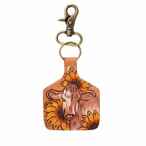 Myra Bag Bovine Bliss Hand-Tooled Key Fob S-7542 Cow and Sunflowers